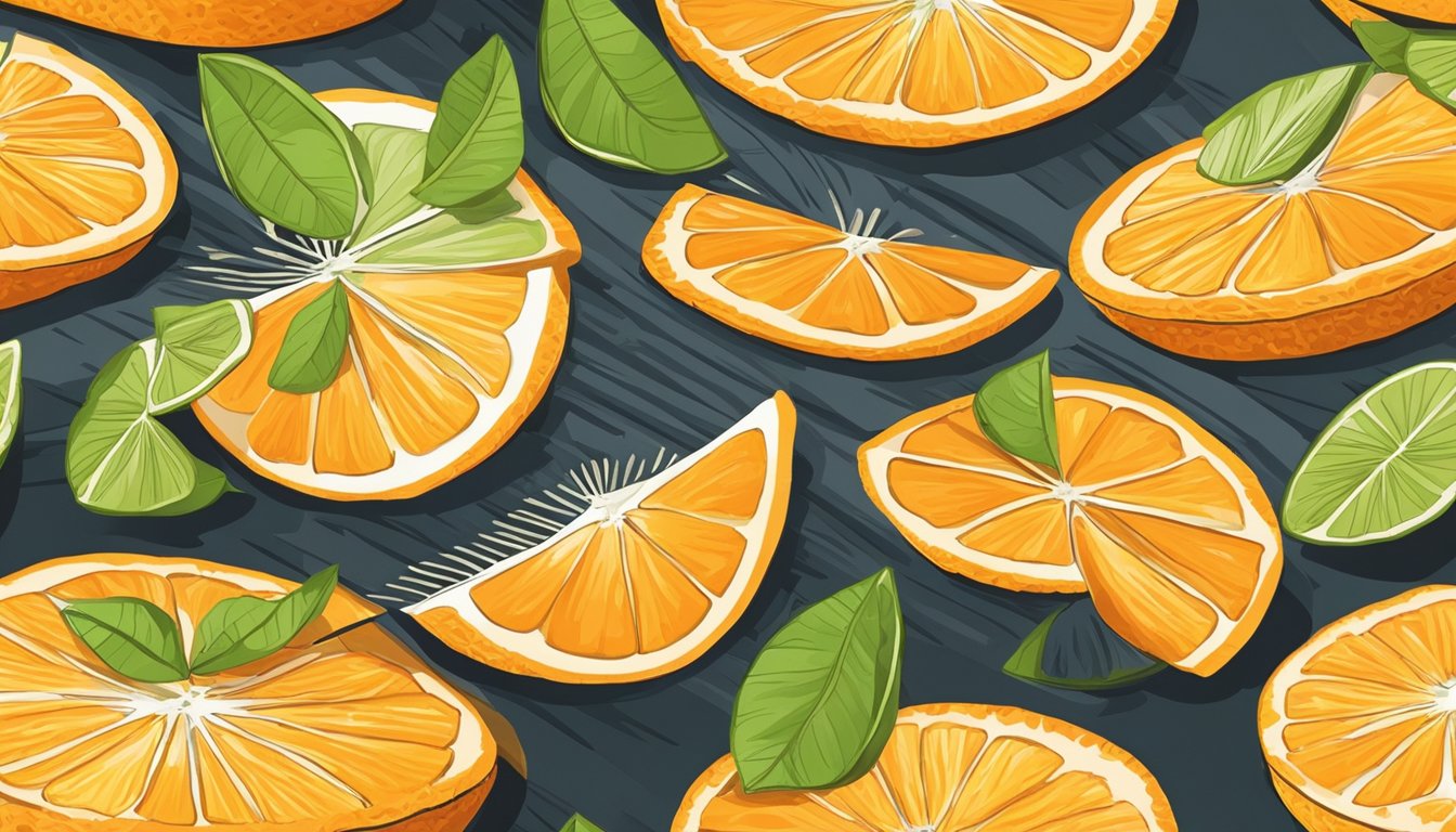 Fresh orange slices laid out on a dehydrator tray, surrounded by vibrant citrus colors and emitting a sweet, tangy aroma