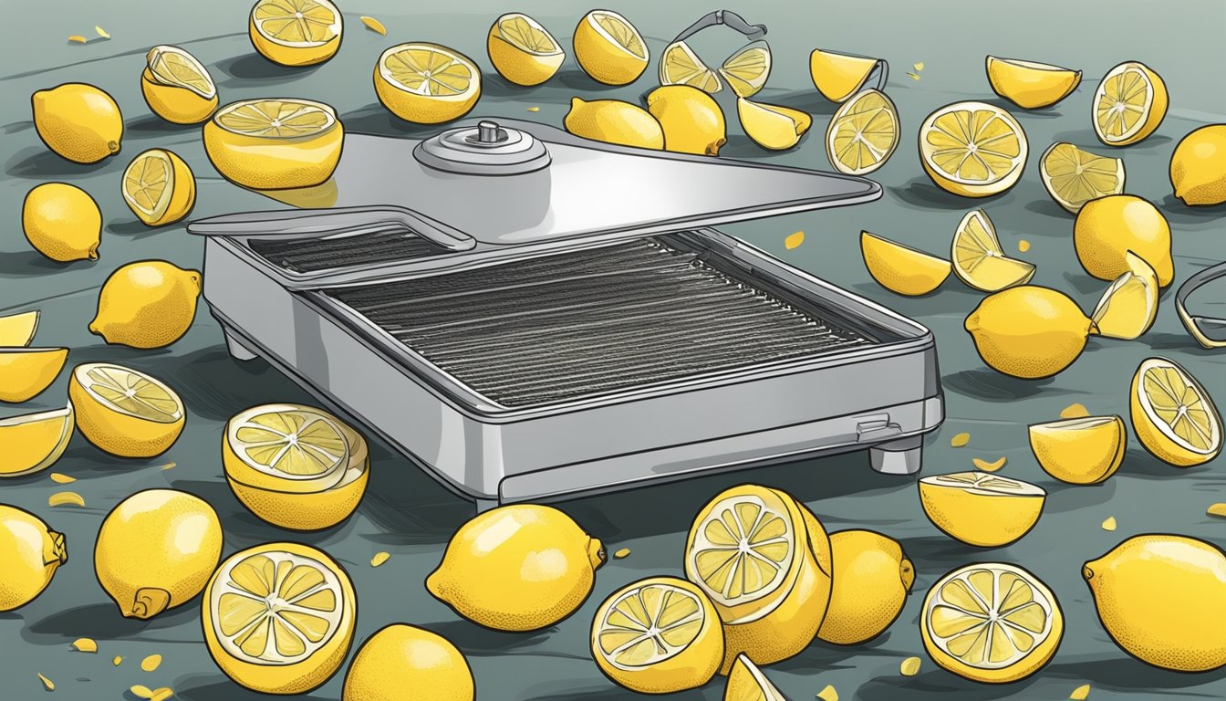 Fresh lemons sliced into thin rounds spread out on a dehydrator tray, with the machine turned on and the warm air circulating around the fruit