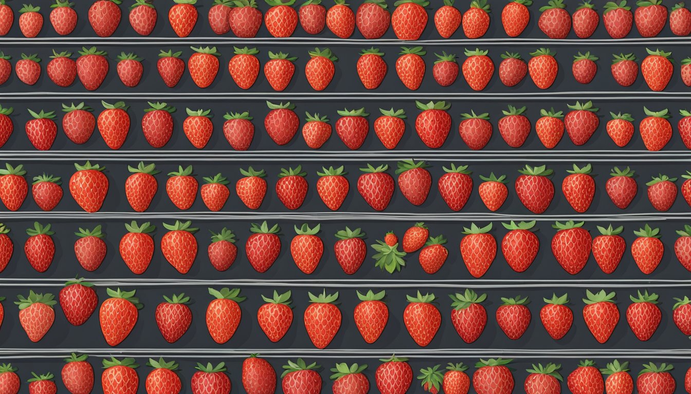 Fresh strawberries arranged on a wire rack inside a preheated oven, with warm air circulating to slowly dehydrate the fruit