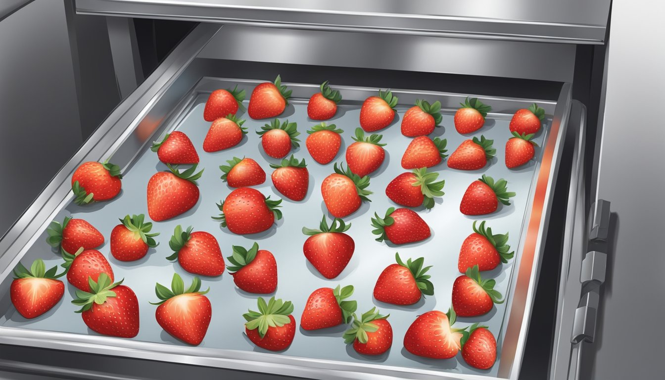 Fresh strawberries laid out on baking trays, oven door open, warm air circulating, strawberries turning into dehydrated slices