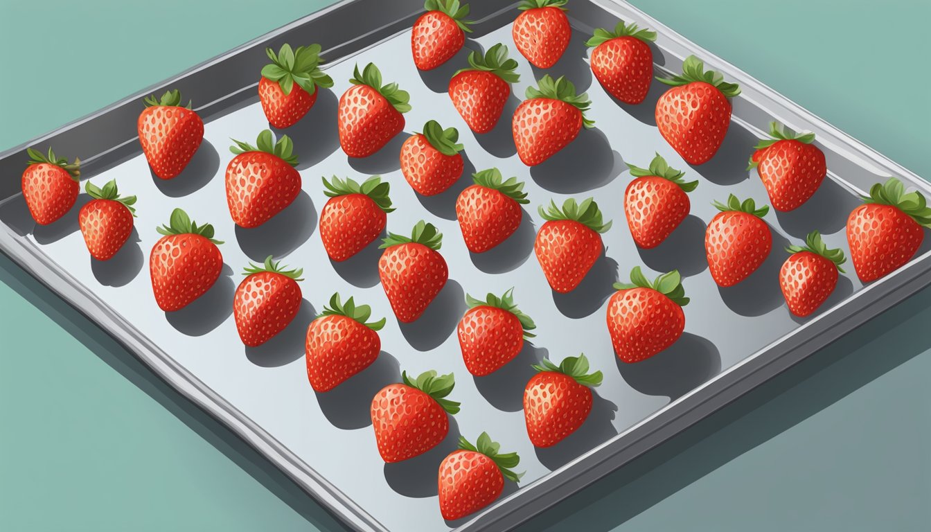 Fresh strawberries laid out on a baking sheet, sliced and ready to be placed in the oven for dehydration