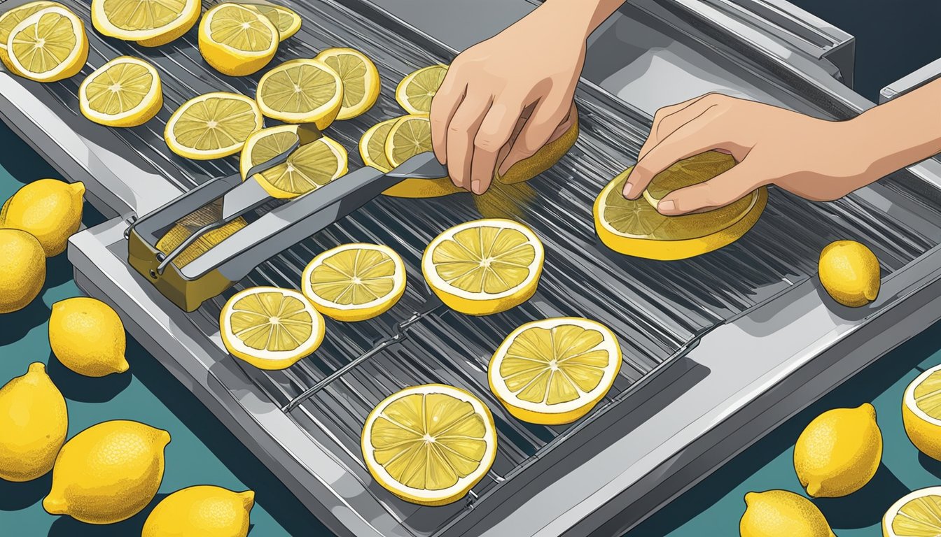 A person slicing lemons and arranging them on a dehydrator tray