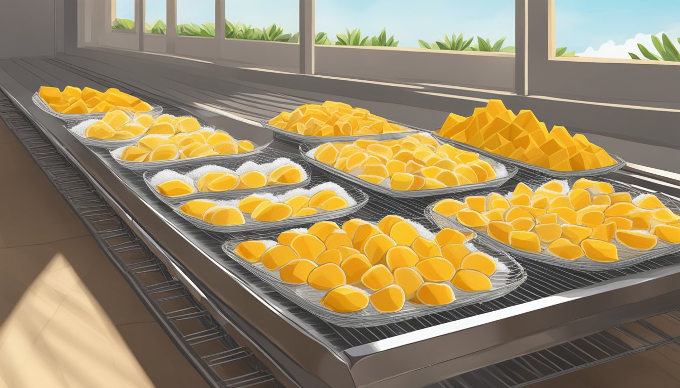 Mango slices laid out on a wire rack under the sun, next to a dehydrator machine, surrounded by bowls of salt and sugar