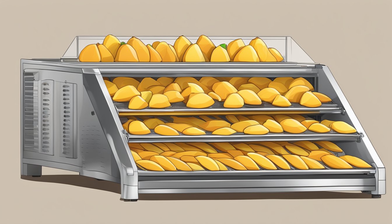 Fresh mango slices laid out on a dehydrator tray, with the machine set to slowly dry the fruit