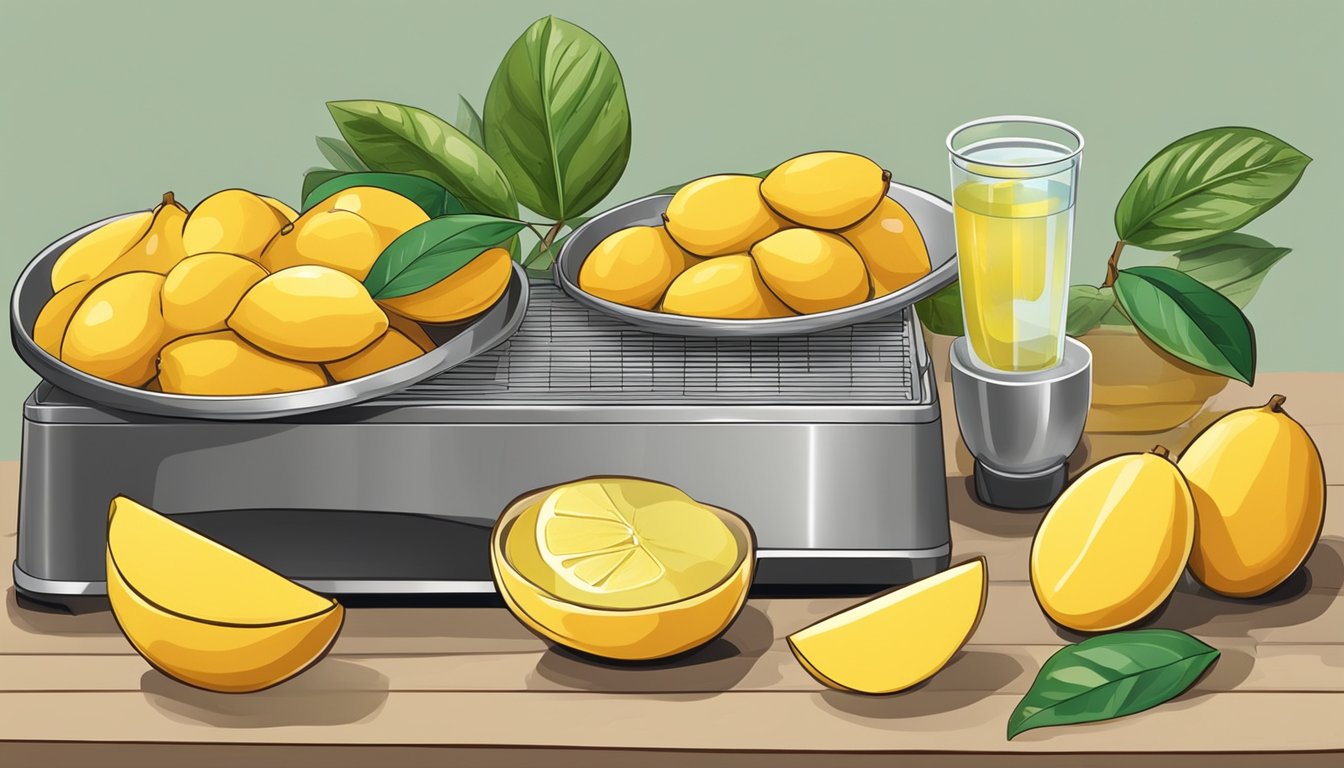 Fresh mangoes being sliced and arranged on dehydrator trays. A bowl of lemon juice and water nearby