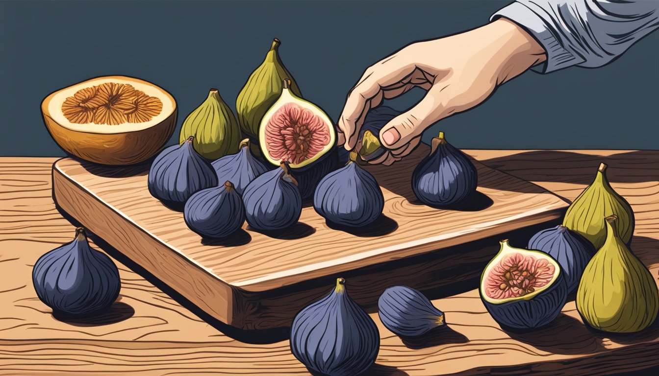 A hand reaching for ripe figs on a wooden cutting board, with an oven in the background