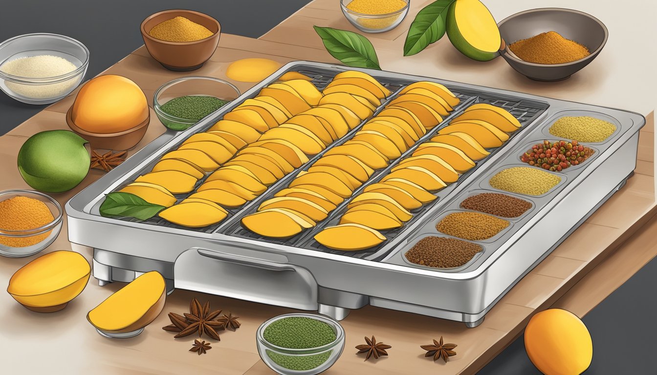 Fresh mango slices laid out on a dehydrator tray, surrounded by bowls of various spices and flavorings