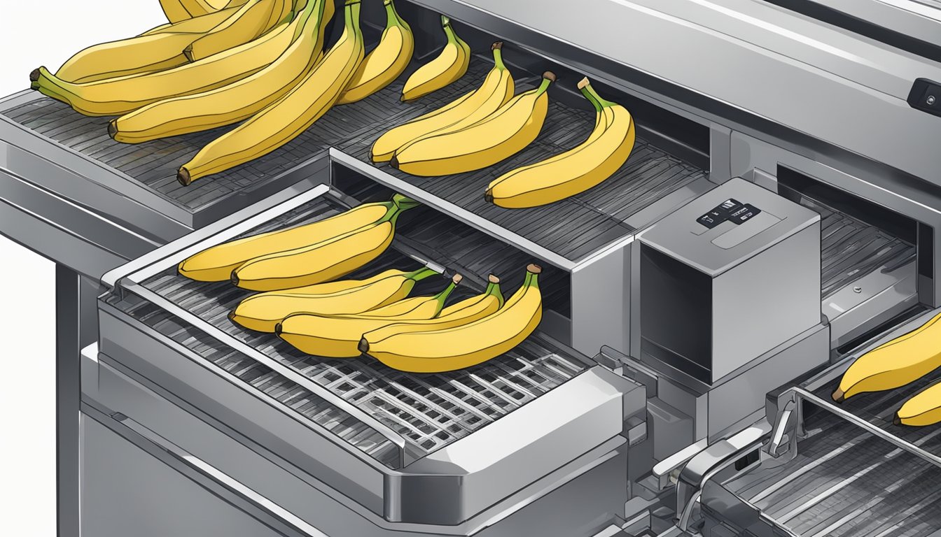 Ripe bananas being sliced and arranged on dehydrator trays, with the machine set to low heat for several hours