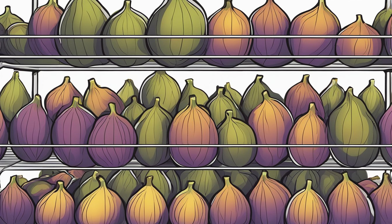 Fresh figs arranged on wire racks inside a preheated oven. Temperature and time settings adjusted for dehydration