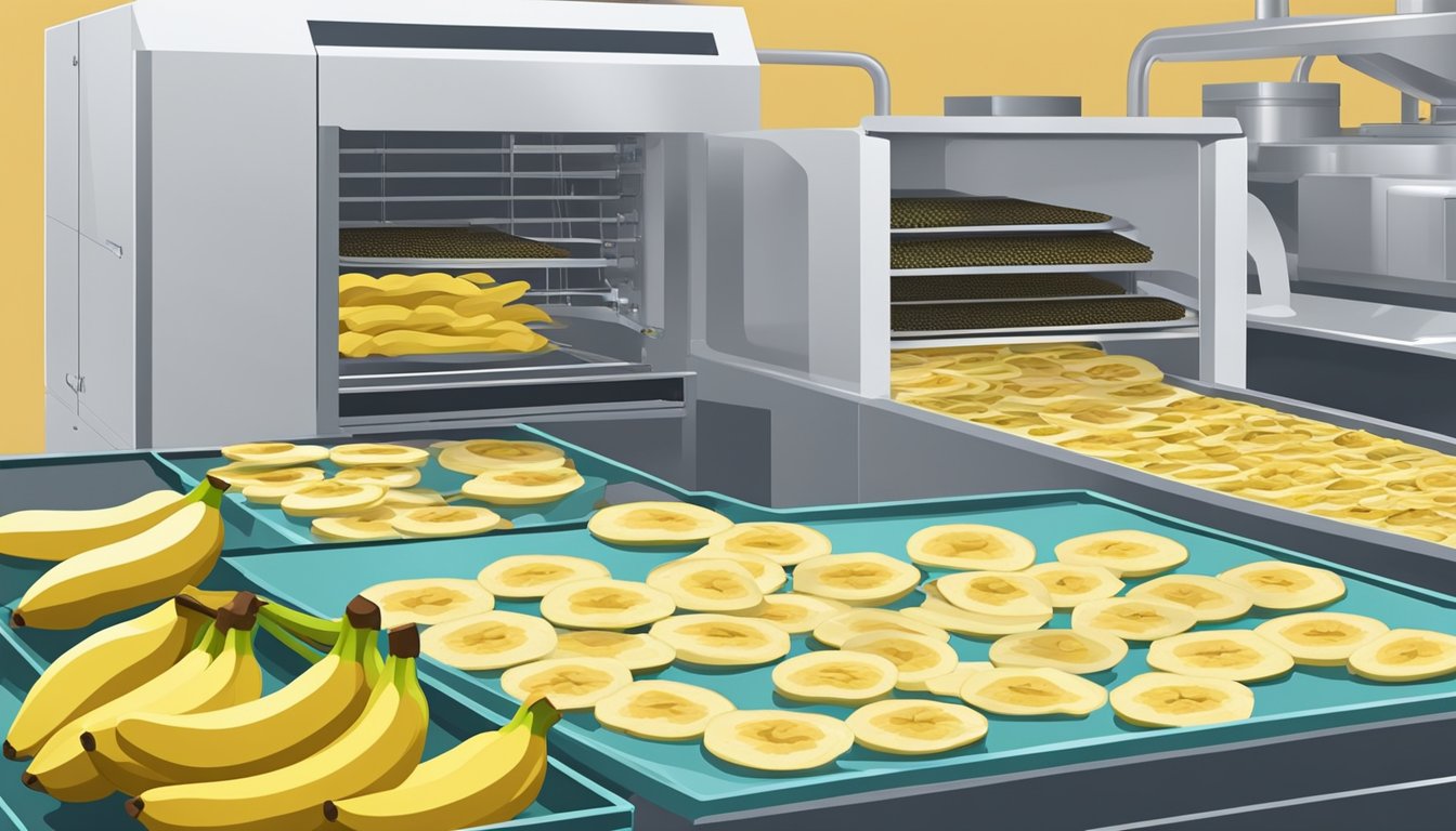 Fresh bananas being sliced and arranged on dehydrator trays, with the dehydrator machine plugged in and running