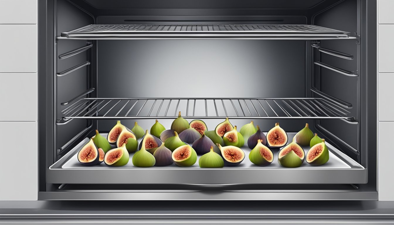 Fresh figs arranged on a baking tray, sliced in half, with the oven door open and warm air circulating around them