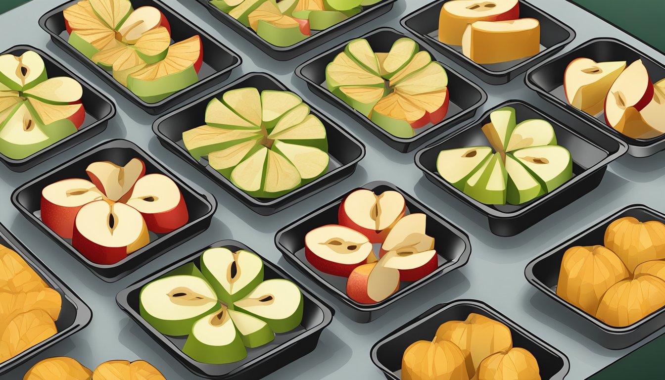 Fresh apple slices arranged on air fryer trays, with the air fryer set to the dehydrate function