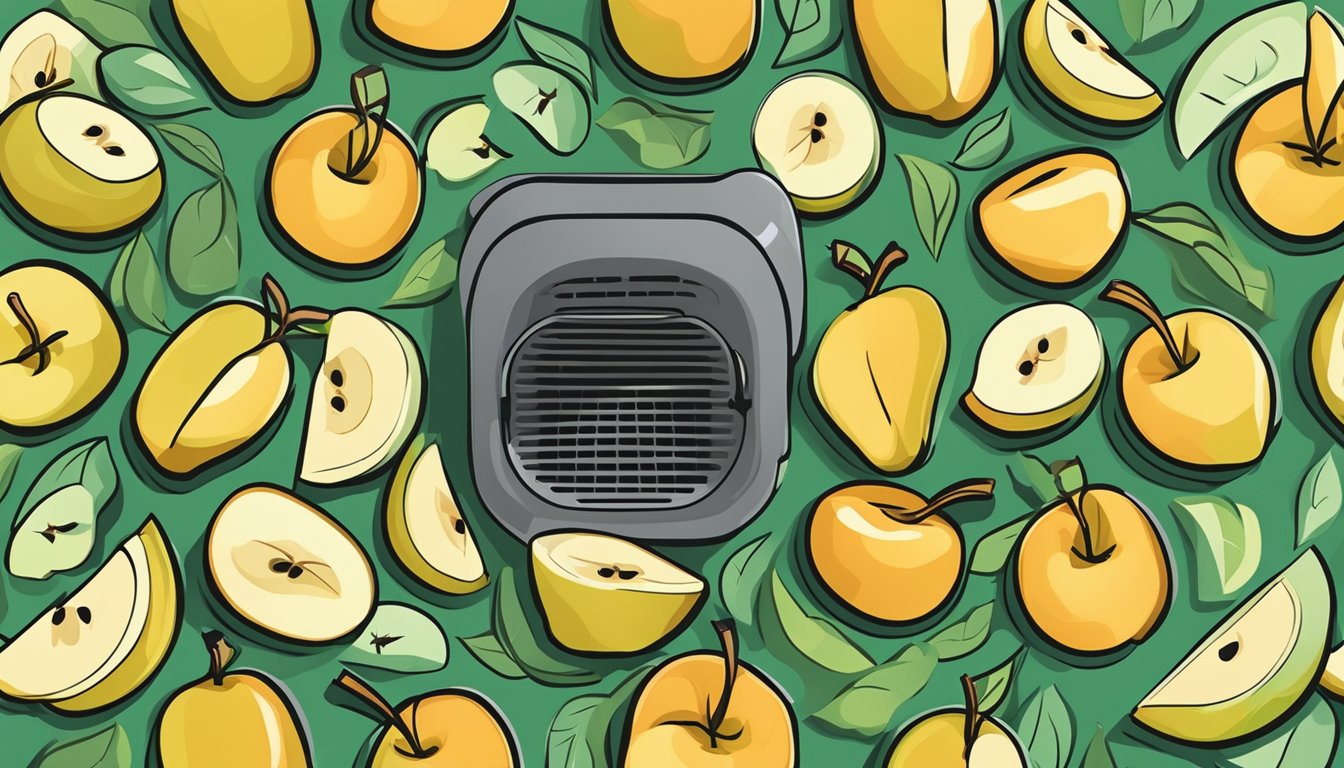 Fresh apple slices arranged in a single layer inside an air fryer basket, with the air fryer set to the dehydration setting