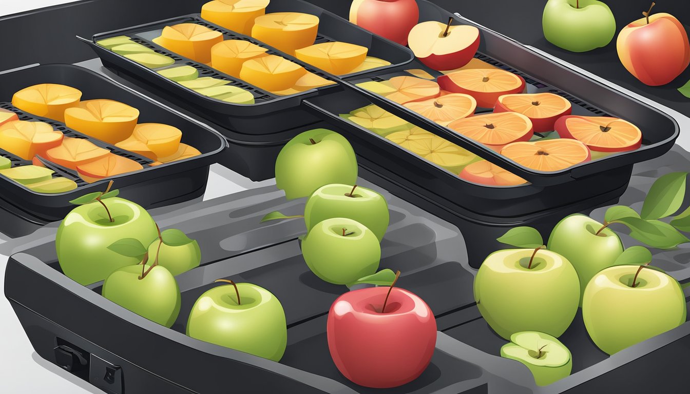 Fresh apples being sliced and arranged on air fryer trays, then placed inside the air fryer to dehydrate