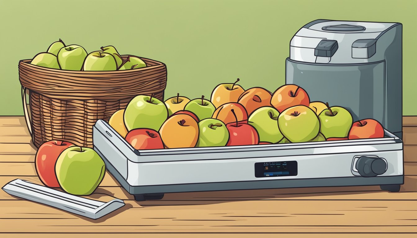 A basket of fresh apples sits next to a dehydrator with sliced apple rings arranged neatly on the trays