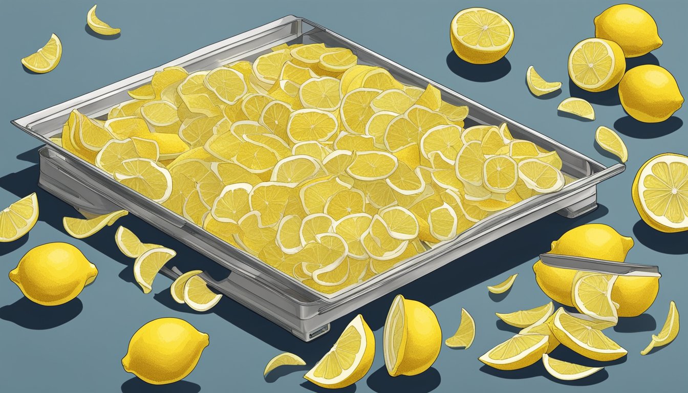 Lemon peels being sliced and laid out on a dehydrator tray