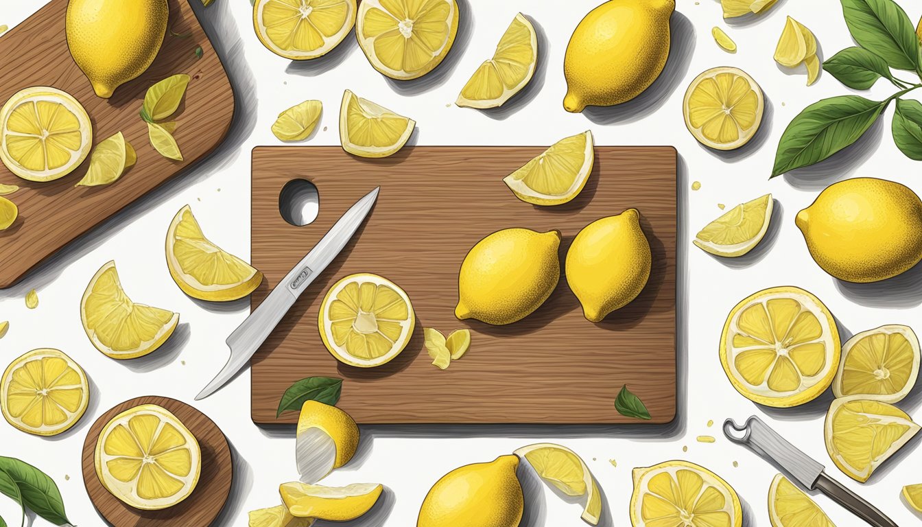 Lemon peels laid out on a cutting board, a knife slicing them into thin strips, a dehydrator waiting nearby