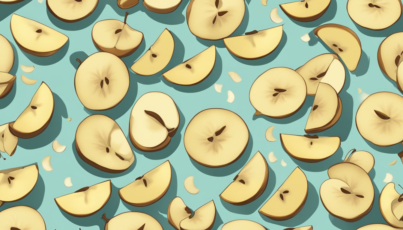 Fresh apple slices being arranged on dehydrator trays, with cinnamon and sugar being sprinkled on top before the dehydrator is turned on