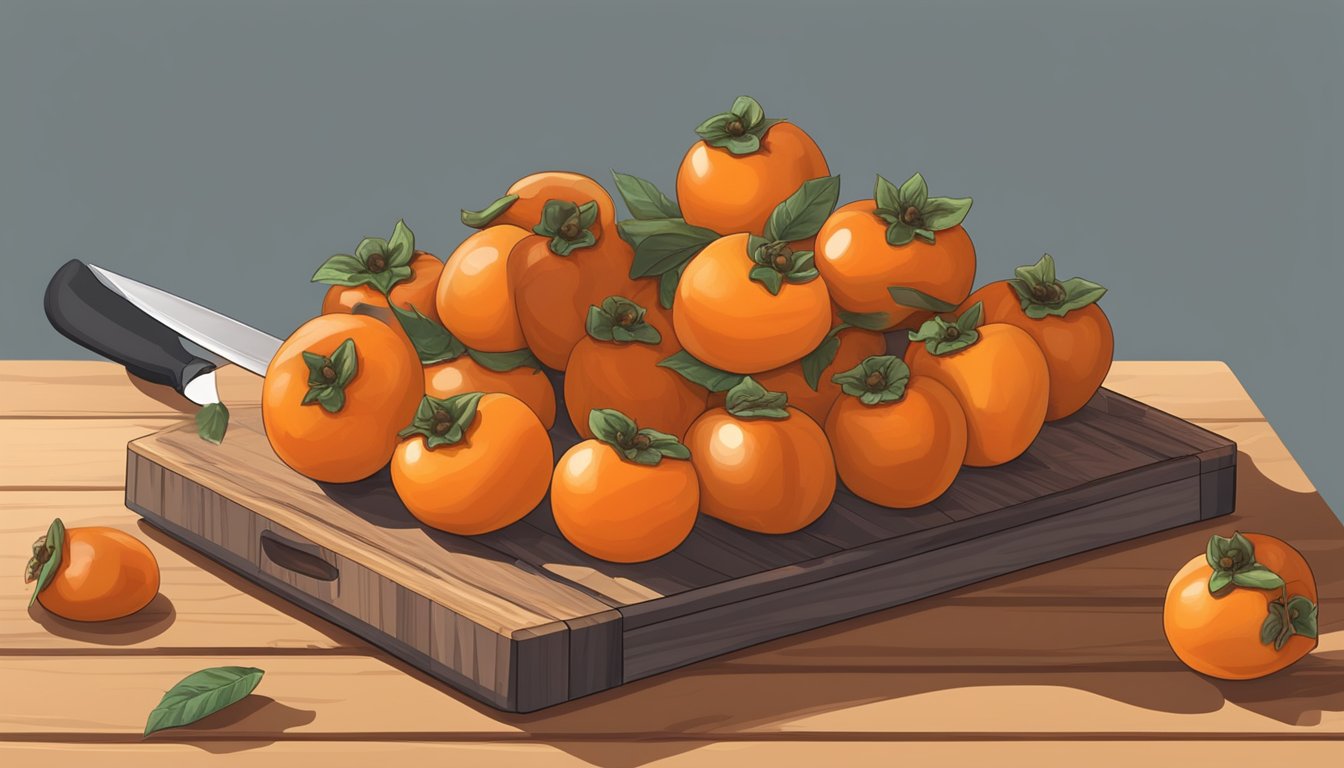 A pile of ripe persimmons laid out on a wooden cutting board, with a knife and a dehydrator in the background