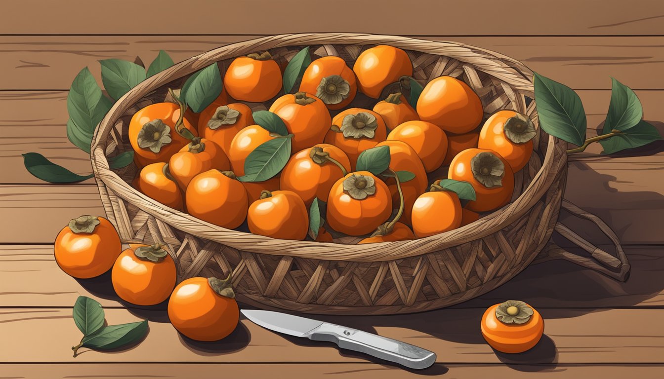 A basket of ripe persimmons laid out on a wooden cutting board, with a knife and dehydrator nearby