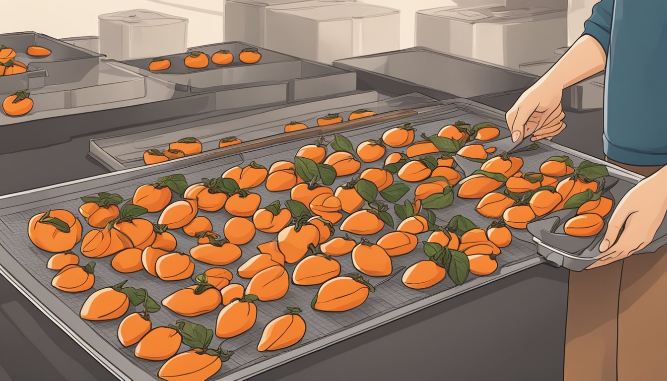 A person slicing persimmons and arranging them on dehydrator trays