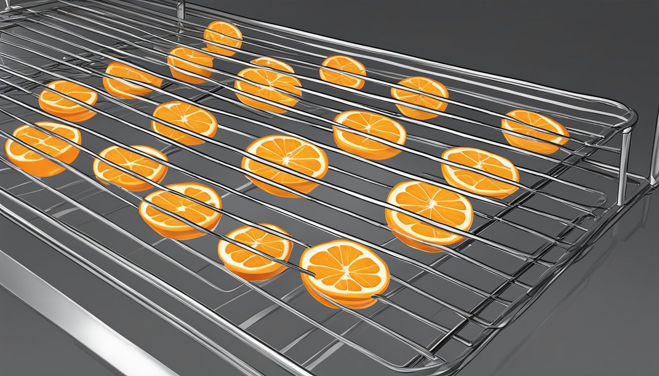 Fresh orange slices arranged on a wire rack, placed in a preheated oven, with warm air circulating around them as they dehydrate