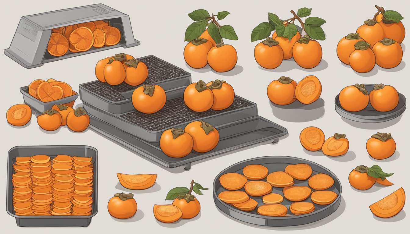 Ripe persimmons sliced and arranged on dehydrator trays, with instructions and ingredients for dehydration displayed nearby