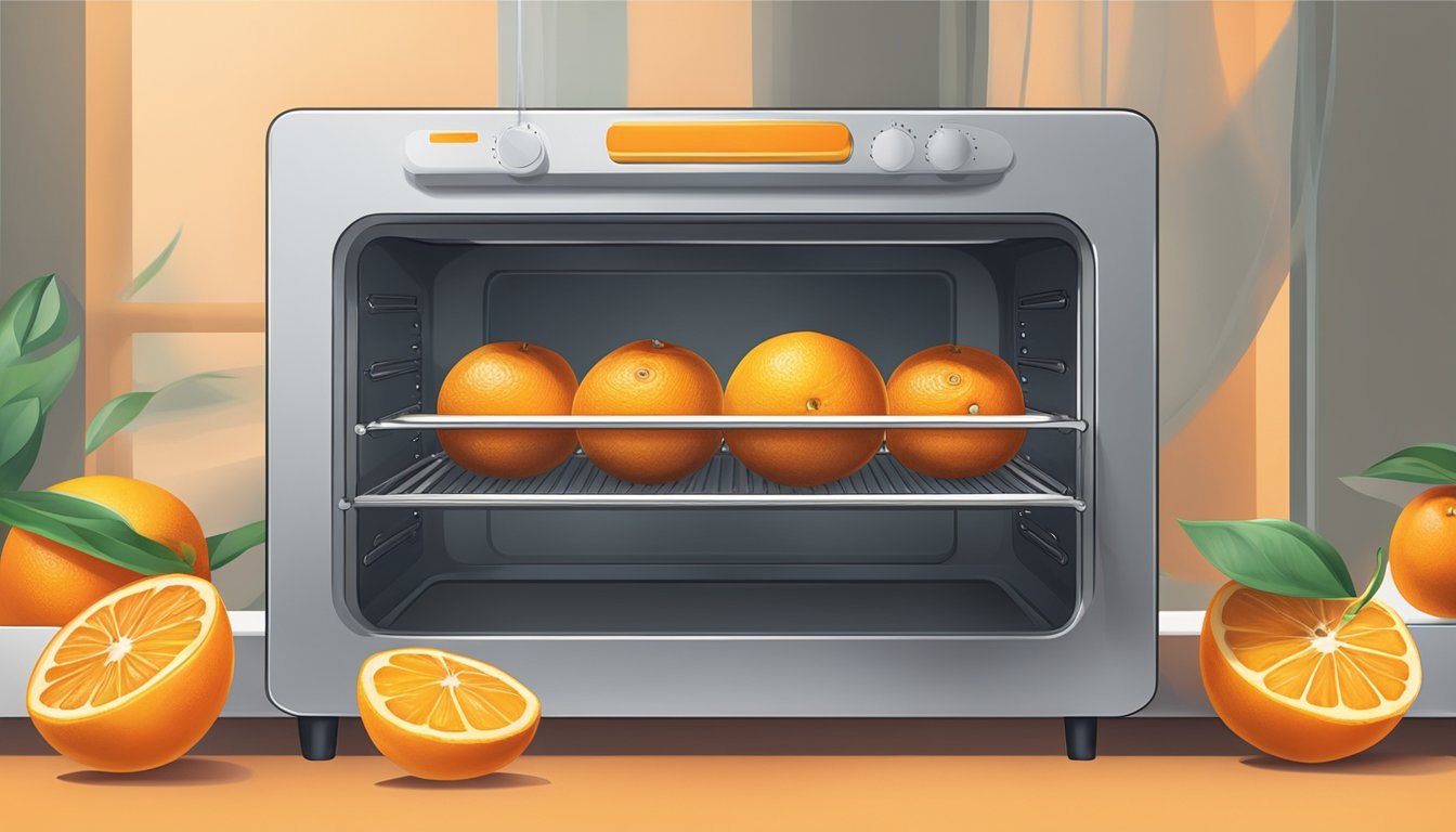 Fresh oranges sliced on a baking sheet, oven door open. Heat waves emanating from the oven as the slices dehydrate