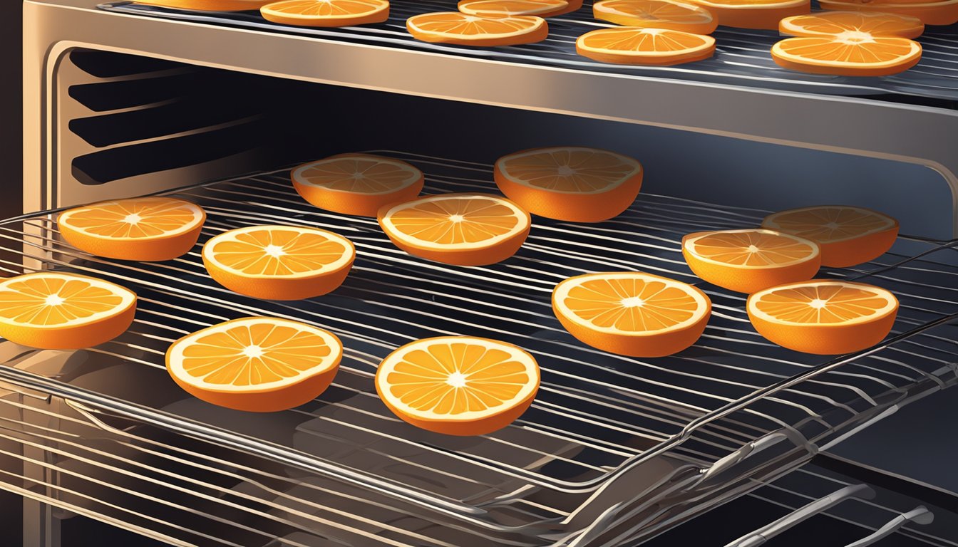 A tray of orange slices arranged on a wire rack inside an oven, with the warm glow of the oven's interior casting a soft light on the fruit