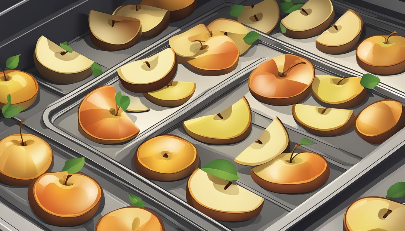 Slices of apples arranged on a baking sheet, placed in the oven with the door ajar, heat radiating, golden brown and crispy