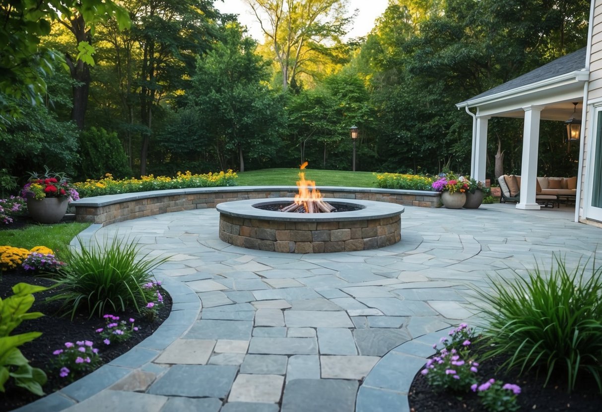 A winding stone path leads to a spacious patio with a fire pit. Lush greenery and colorful flowers border the area, creating a serene outdoor space