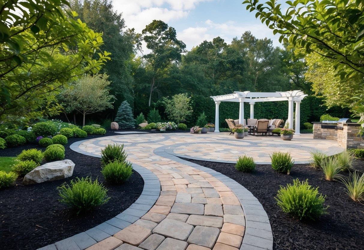 A winding stone path leads to a spacious patio surrounded by lush greenery and accented with decorative pavers