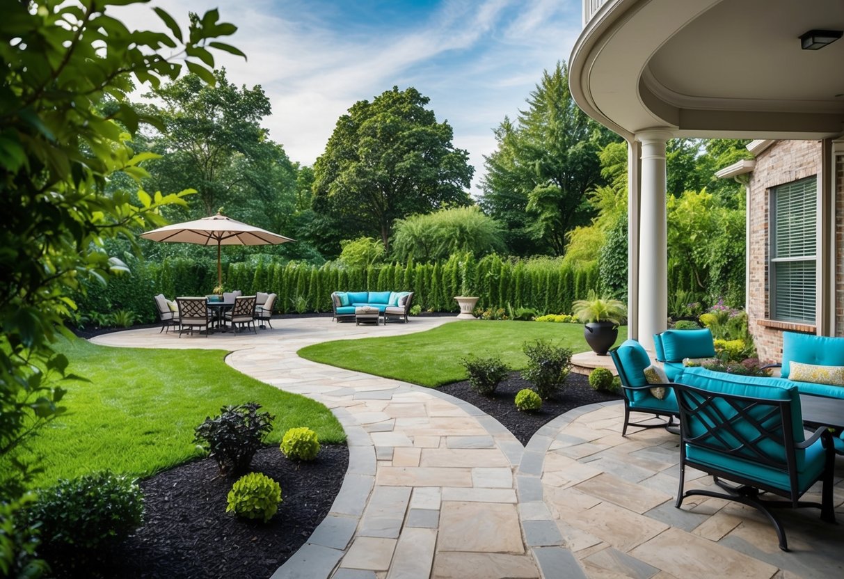 A winding stone path leads to a spacious patio surrounded by lush greenery and accented with stylish outdoor furniture