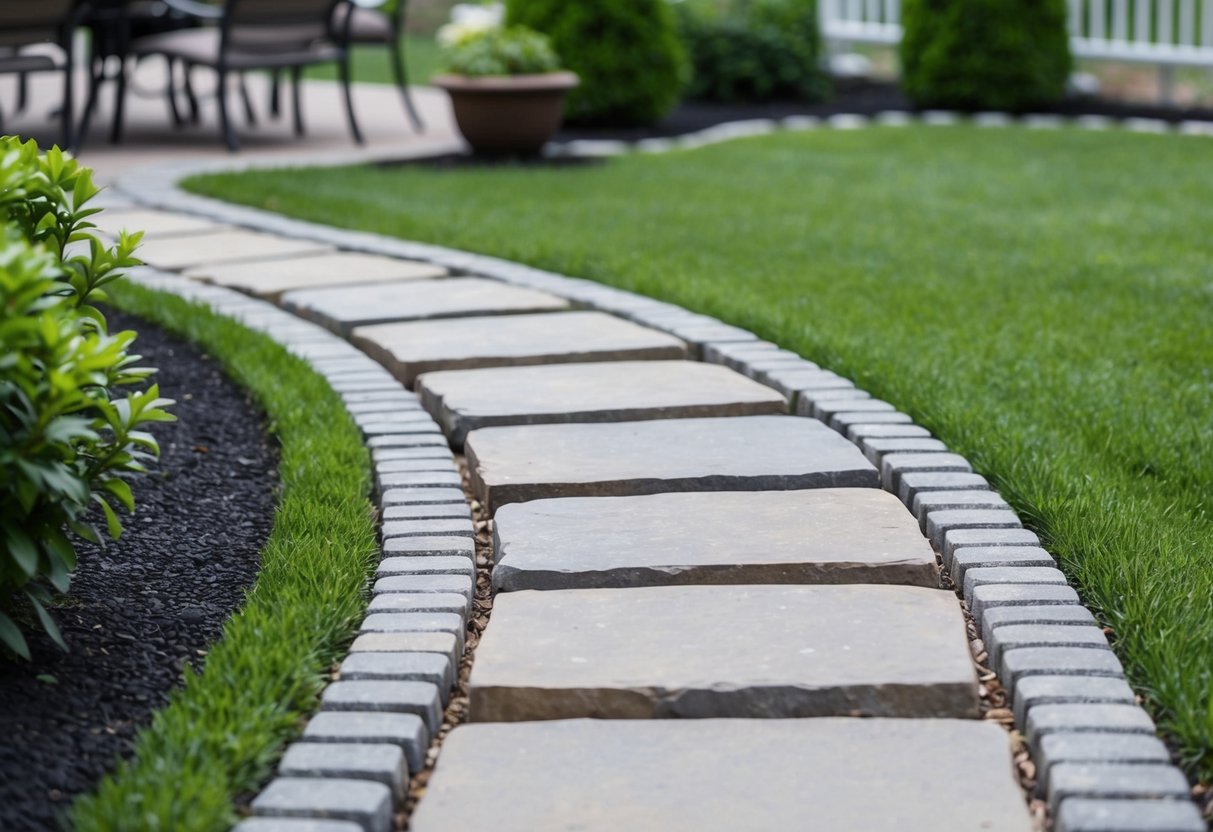 A winding stone path leads to a patio surrounded by lush greenery and bordered by neatly arranged pavers