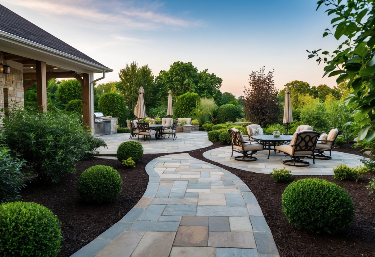 A winding stone path leads to a spacious patio surrounded by lush greenery and accented with elegant outdoor furniture