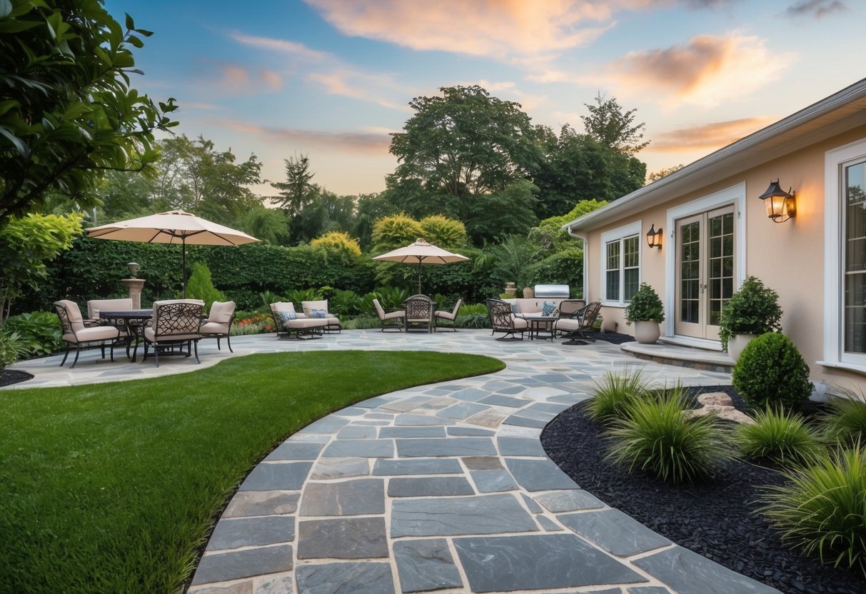 A winding stone path leads to a spacious patio surrounded by lush landscaping and accented with elegant outdoor furniture
