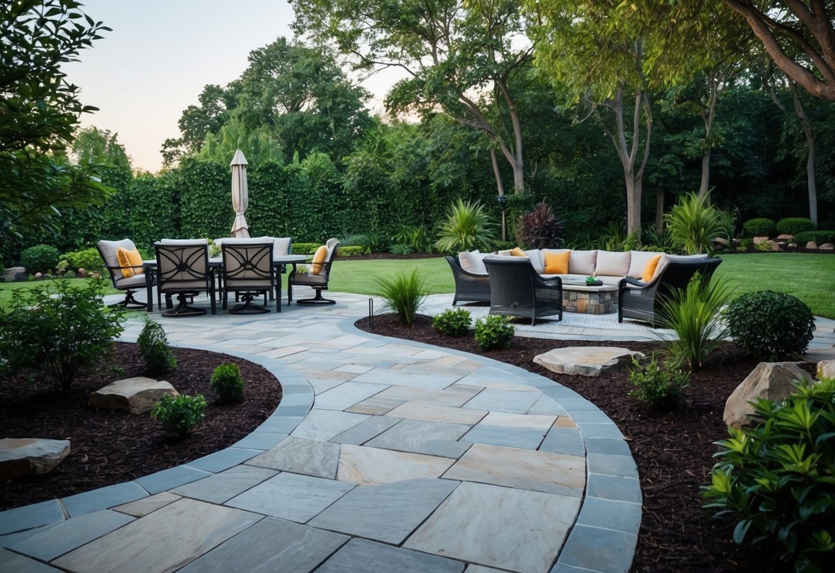 A winding stone path leads to a spacious patio surrounded by lush greenery and accented with cozy outdoor furniture