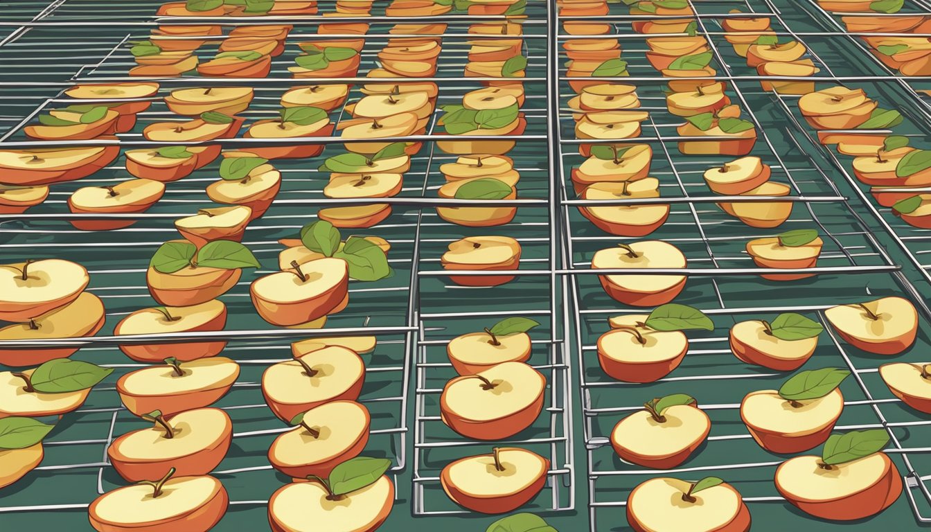 Fresh apple slices arranged on wire racks in an oven, with warm air circulating and dehydrating them