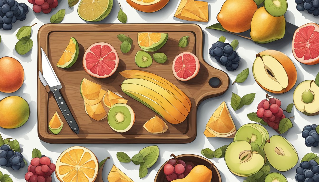 A variety of fruits spread out on a cutting board, being sliced into thin pieces with a sharp knife. A large baking sheet lined with parchment paper sits nearby