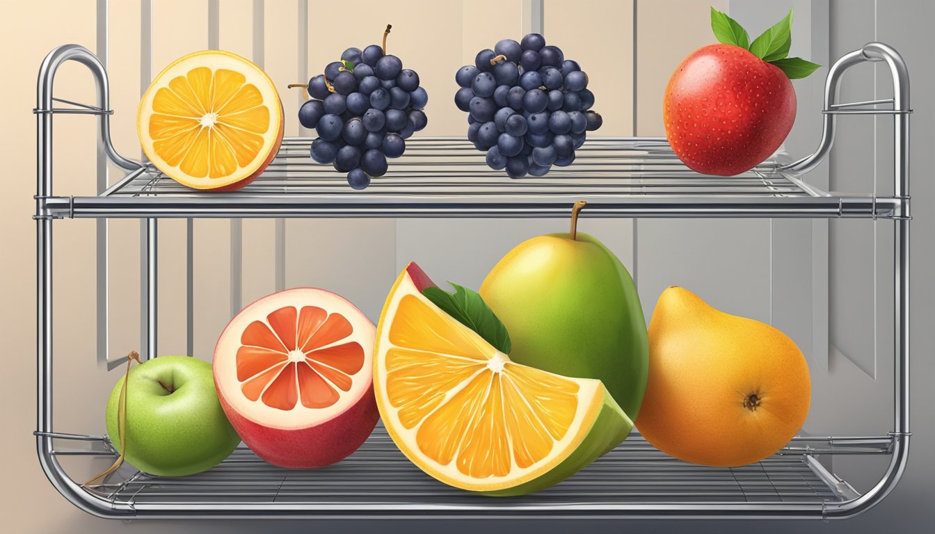 Fresh fruit slices laid out on a wire rack in a warm, well-ventilated area, with a fan nearby for air circulation