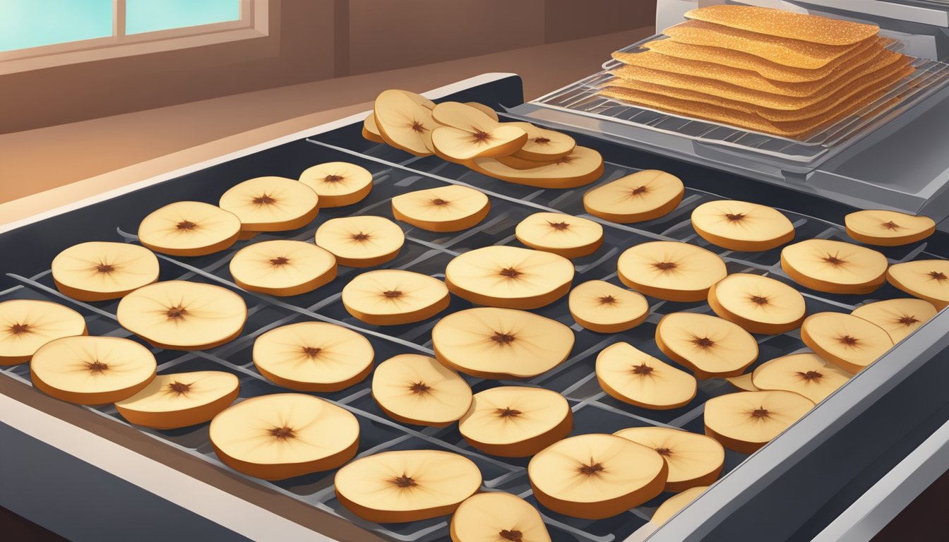 Apple slices arranged on dehydrator trays, with cinnamon and sugar being sprinkled over them. A soft, warm light illuminates the process