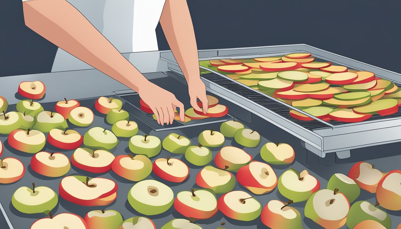 A person placing apple slices on a dehydrator tray