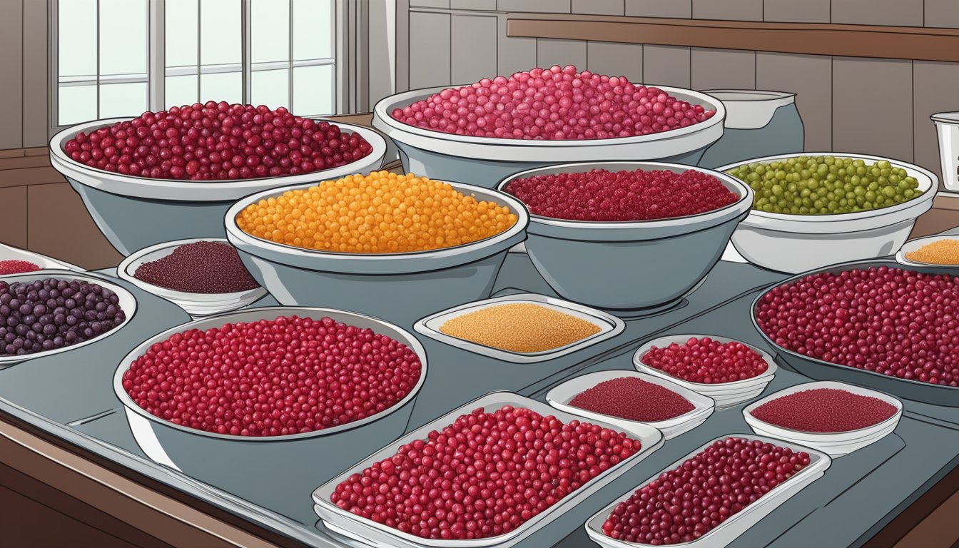 Cranberries spread out on dehydrator trays, surrounded by bowls of sugar and a spoon for sweetening