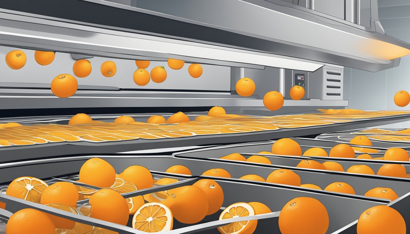 Fresh oranges being sliced into thin rounds and arranged on dehydrator trays. Warm air circulating around the fruit as it slowly dries out