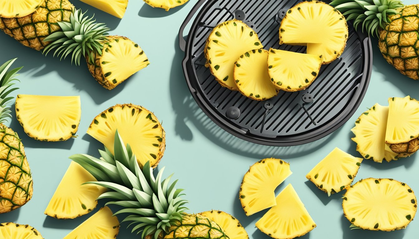 Fresh pineapple slices arranged on air fryer tray, with the air fryer in the background