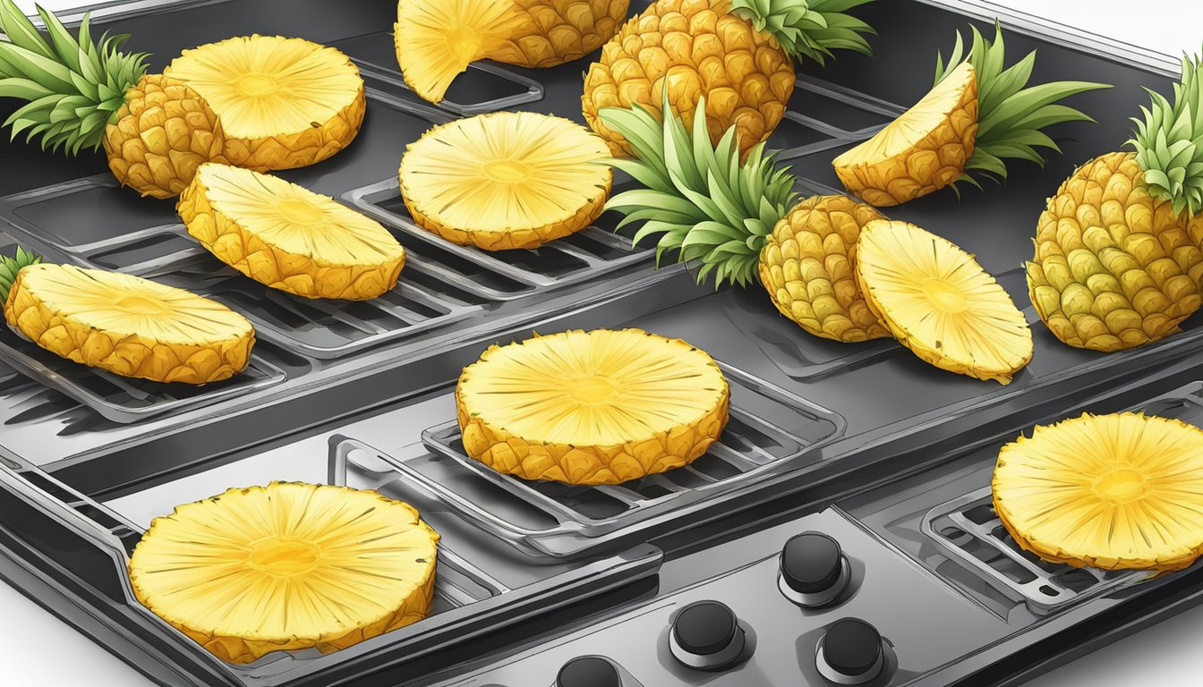 Fresh pineapple slices arranged on air fryer tray, with steam rising as they dehydrate