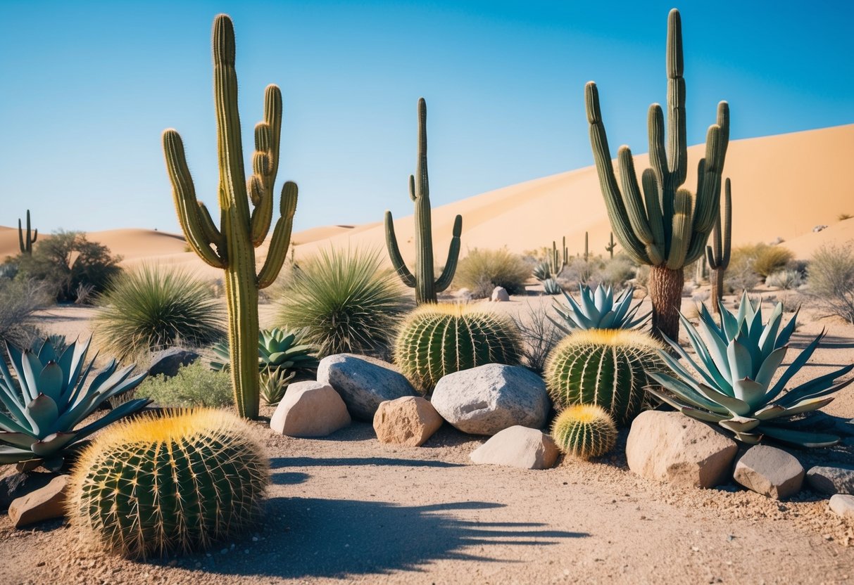 A desert landscape with cacti, succulents, and rocks arranged in a xeriscape garden. Sand dunes and a bright blue sky complete the scene