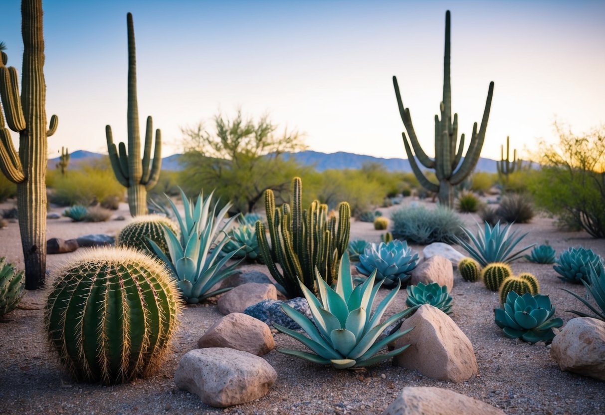 A desert landscape with cacti, succulents, and rocks arranged in a xeriscaped garden. A dry, arid environment with minimal water usage