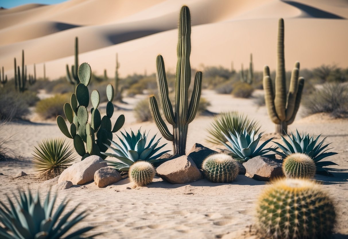 A desert landscape with cacti, succulents, and rocks arranged in a natural, arid setting. Sand dunes and sparse vegetation complete the scene