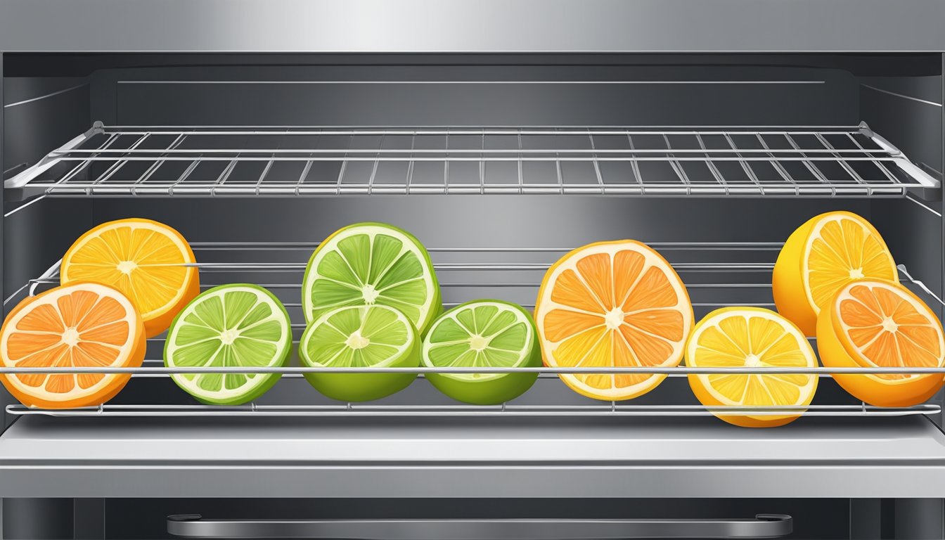 Citrus slices arranged on wire racks in a single layer, placed inside an oven with the door slightly ajar